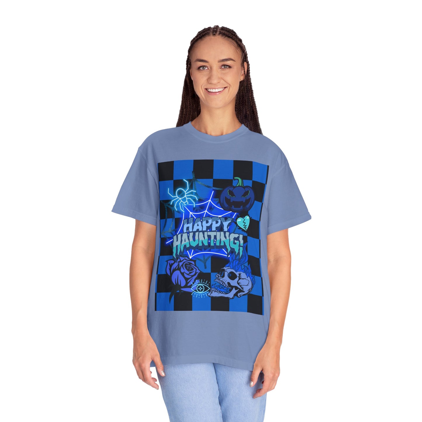 Happy Haunting Unisex Garment-Dyed T-shirt, Halloween Tee, Spooky Shirt, Fall Fashion, Casual Wear, Pumpkin Fest