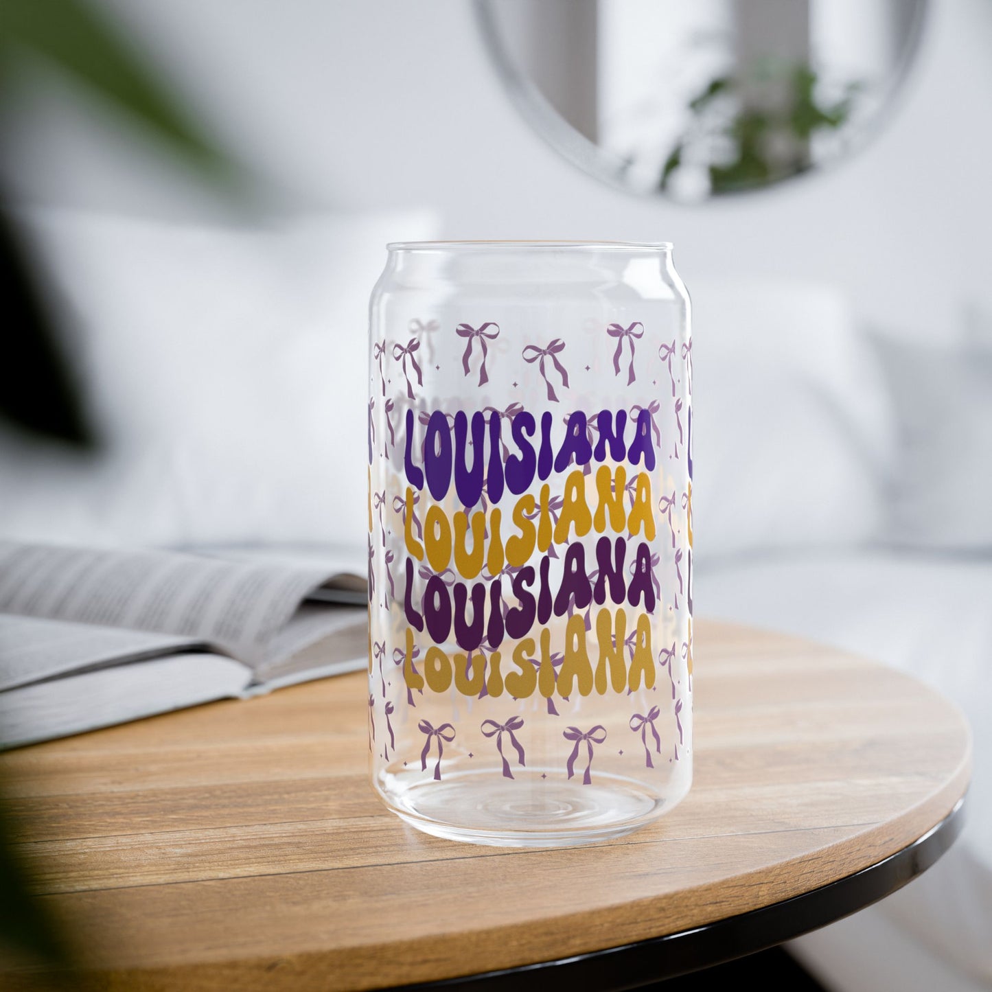 Coquette Bow Louisiana Sipper Glass, 16oz | Tropical Drinkware, Eco-Friendly Cup, Unique Gift, louisiana tiger fan gift, graduation gift, geaux tigers