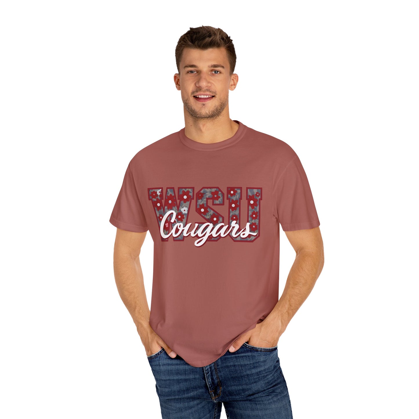 Garment-Dyed T-Shirt with WSU Cougars Design, Casual Wear, College Apparel, Sports Fan Gear, Comfortable Lifestyle Top, WSU Cougars