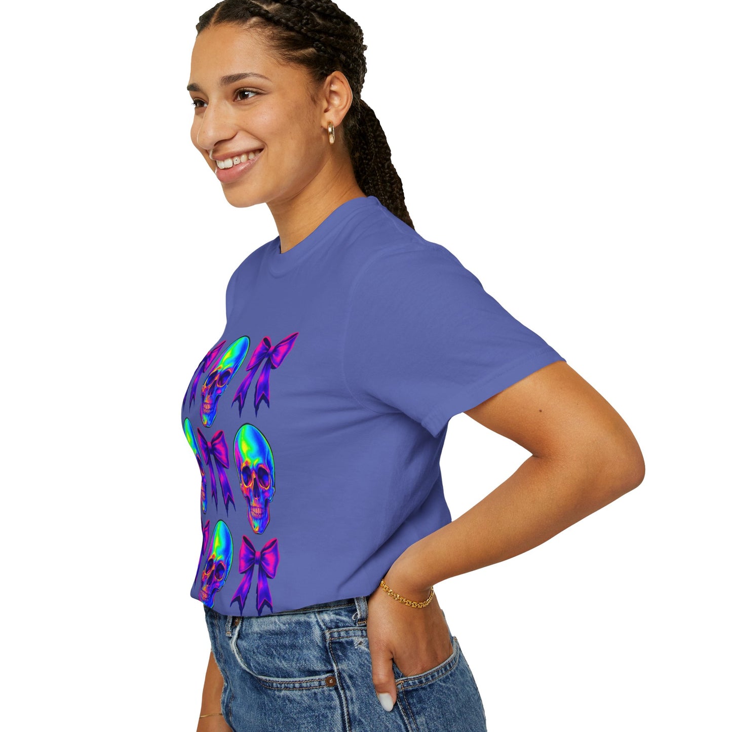 Neon Skull and Bow Unisex T-Shirt | Trendy Graphic Tee for Halloween, Festivals, Casual Wear, Gifts
