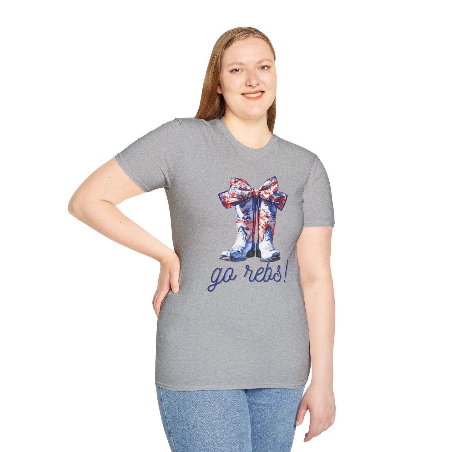 , go Rebs Cheerful Unisex Softstyle T-Shirt with Bow Design | Gift for Sports Fans, Casual Wear, Team Spirit, Game Day Shirt, Cheerleading Top