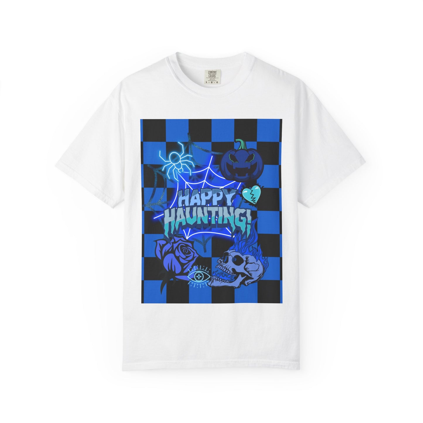 Happy Haunting Unisex Garment-Dyed T-shirt, Halloween Tee, Spooky Shirt, Fall Fashion, Casual Wear, Pumpkin Fest