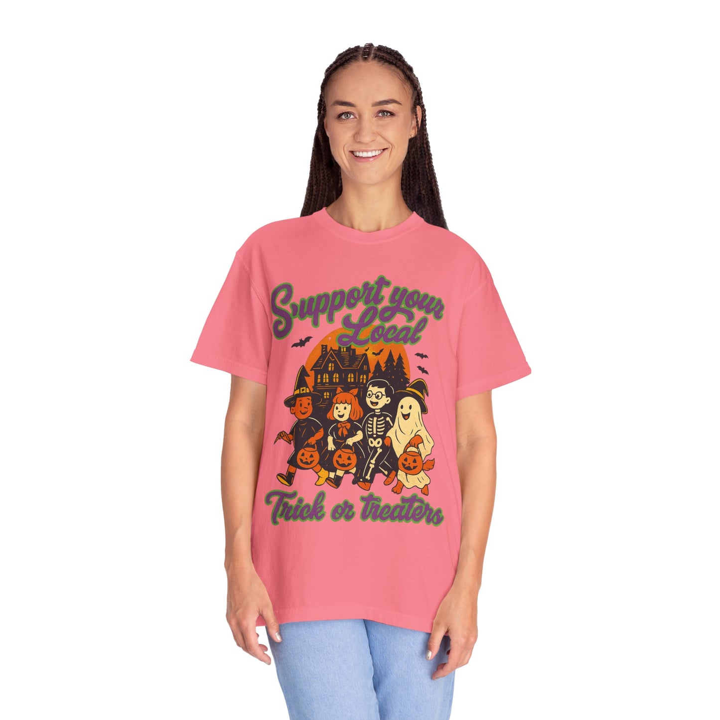 Halloween Support T-Shirt, Youth Trick or Treat Shirt, Garment-Dyed Tee for Kids, Spooky Season Apparel, Holiday Party Top, Fun Costume Wear