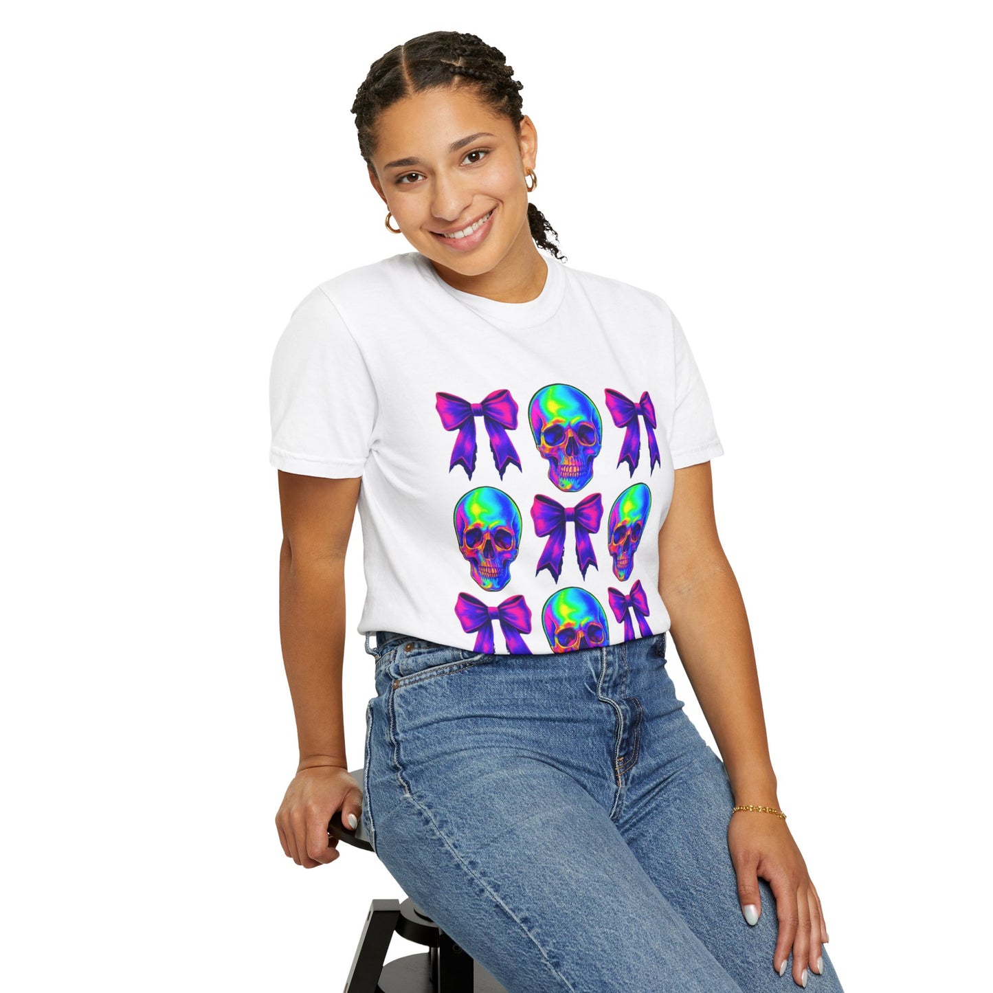 Neon Skull and Bow Unisex T-Shirt | Trendy Graphic Tee for Halloween, Festivals, Casual Wear, Gifts