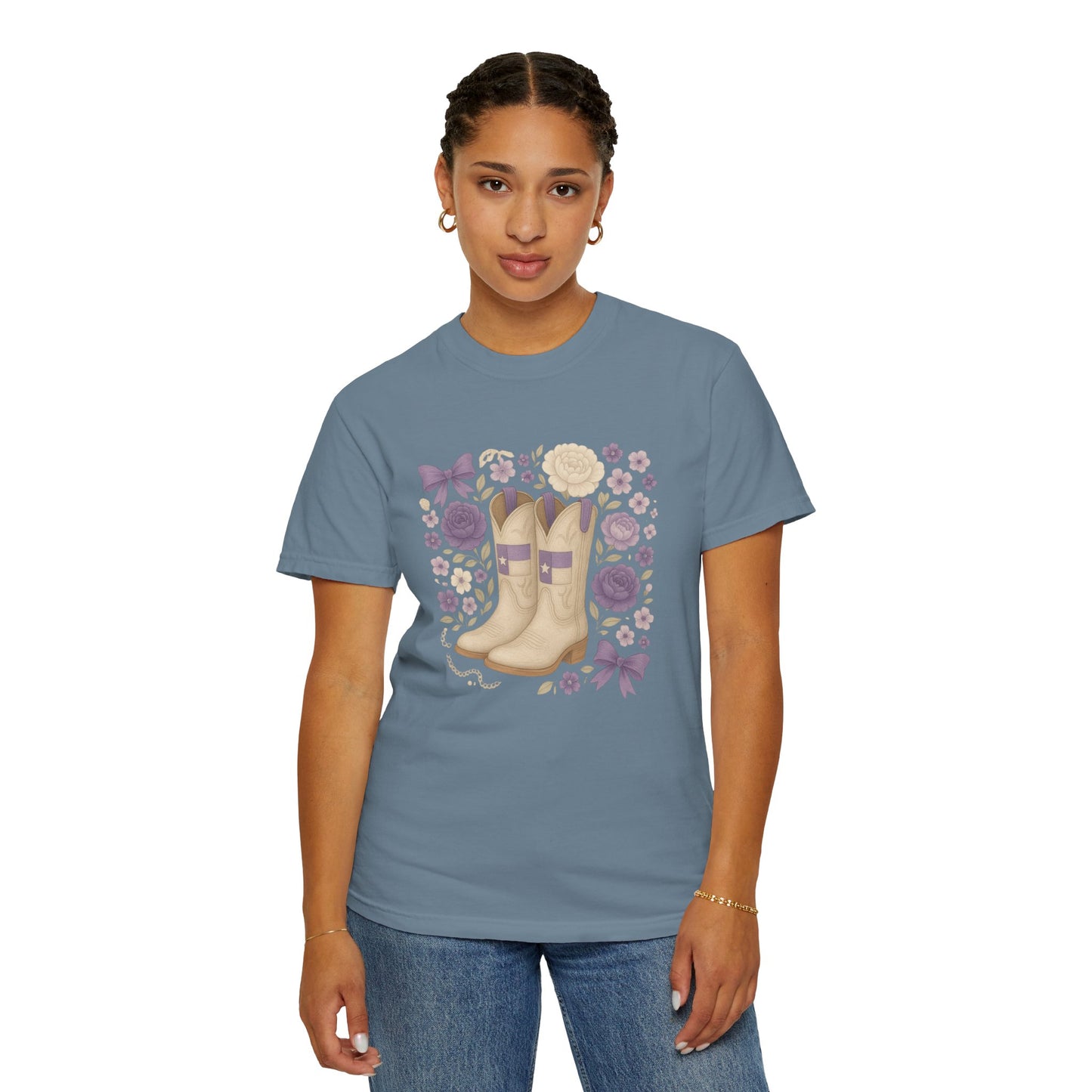 Whimsical Floral Boots Unisex T-Shirt | Casual Style, Gift for Her, Texas Christian University, TCU Frogs, Comfort Colors, Texas Fan gift, Graduation Gift