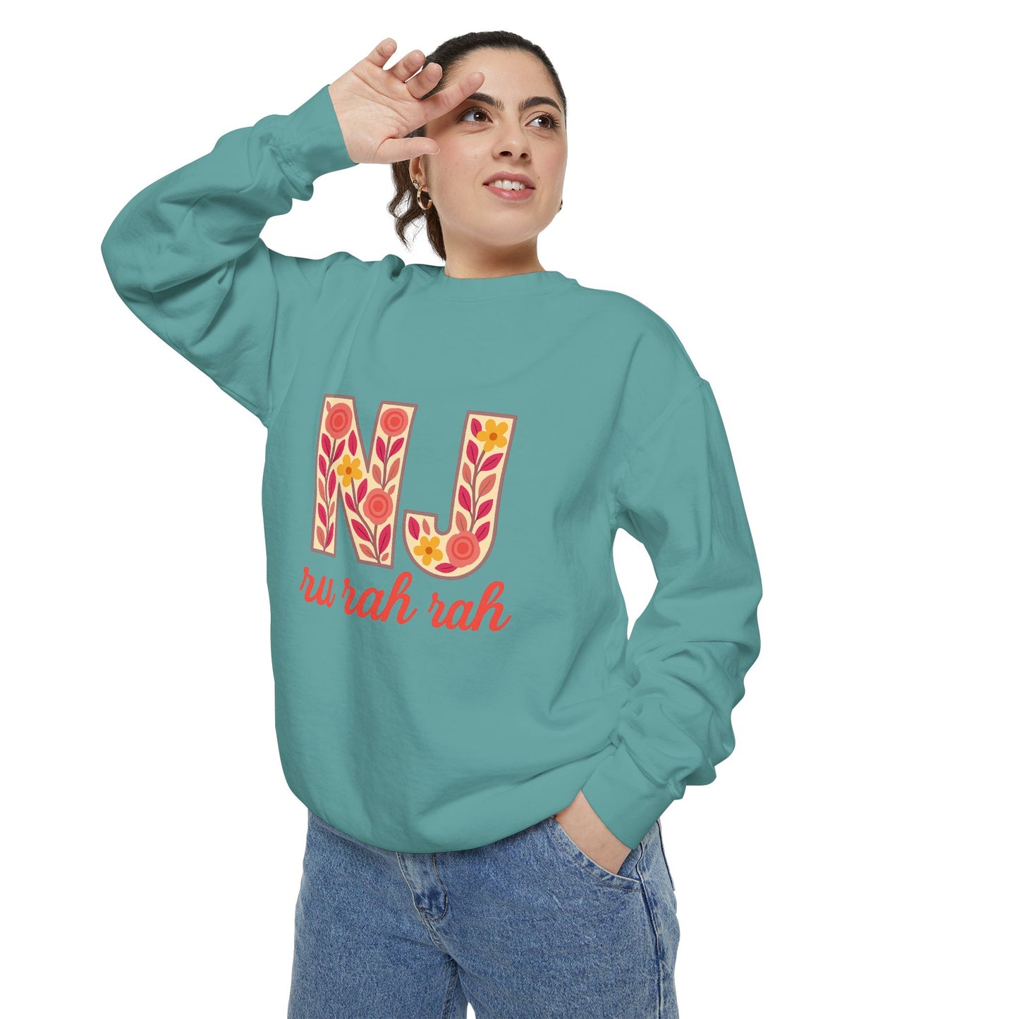 Cheerful NJ Garment-Dyed Sweatshirt, Cozy Unisex Pullover for School Spirit, Fall Fashion, Gift for College Students, Relaxed Fit