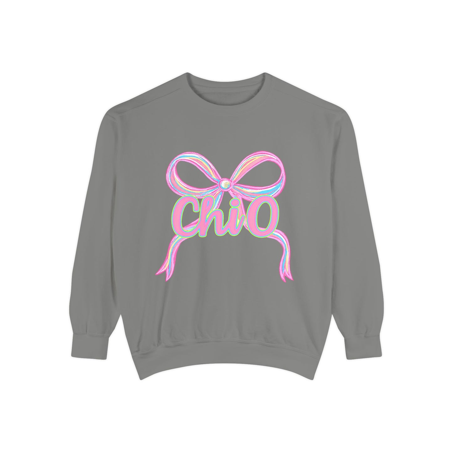 CHIO Chic Bow Graphic Unisex Garment-Dyed Sweatshirt, Cozy Pullover, Fashionable Gift, Casual Outfit, Spring Style, Trendy Apparel