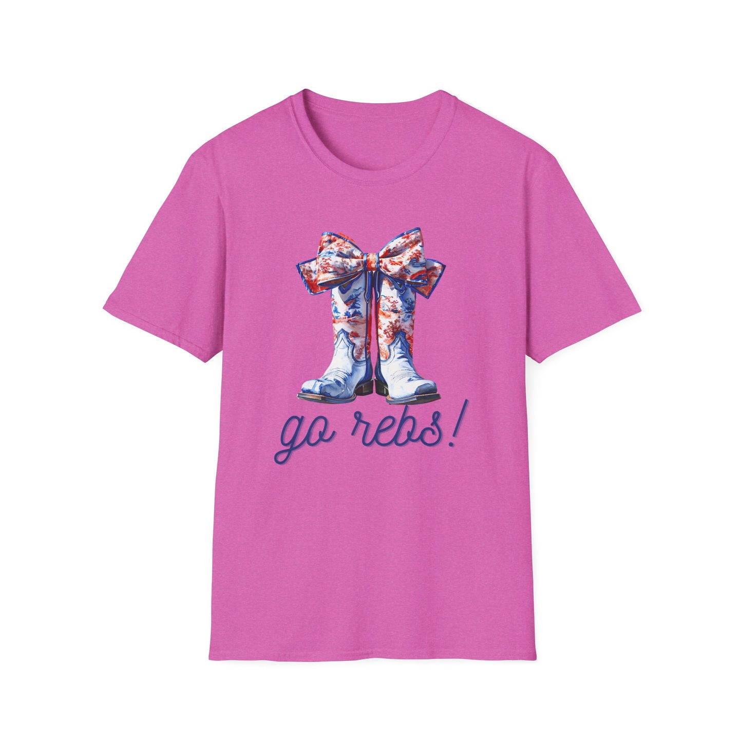 , go Rebs Cheerful Unisex Softstyle T-Shirt with Bow Design | Gift for Sports Fans, Casual Wear, Team Spirit, Game Day Shirt, Cheerleading Top