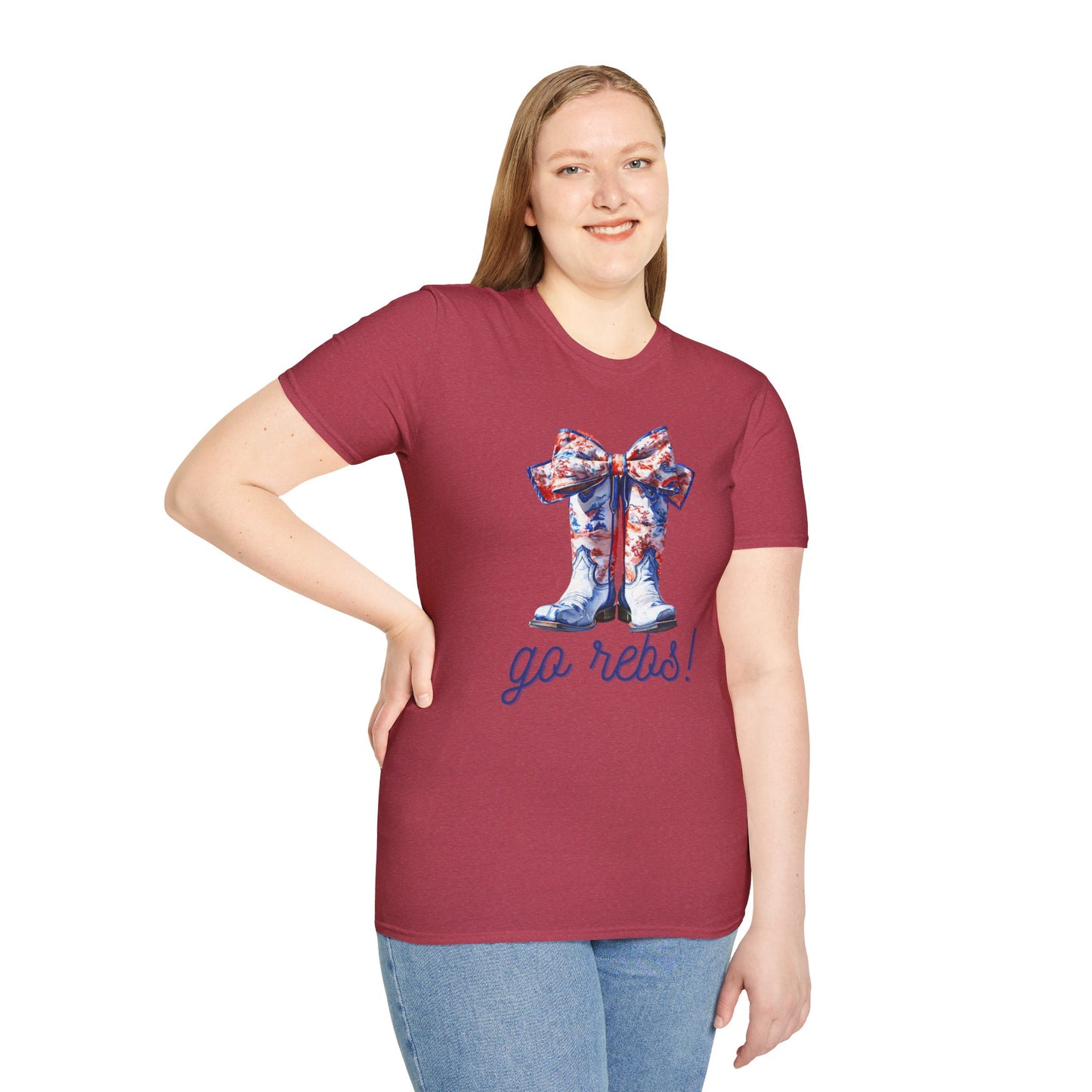 , go Rebs Cheerful Unisex Softstyle T-Shirt with Bow Design | Gift for Sports Fans, Casual Wear, Team Spirit, Game Day Shirt, Cheerleading Top