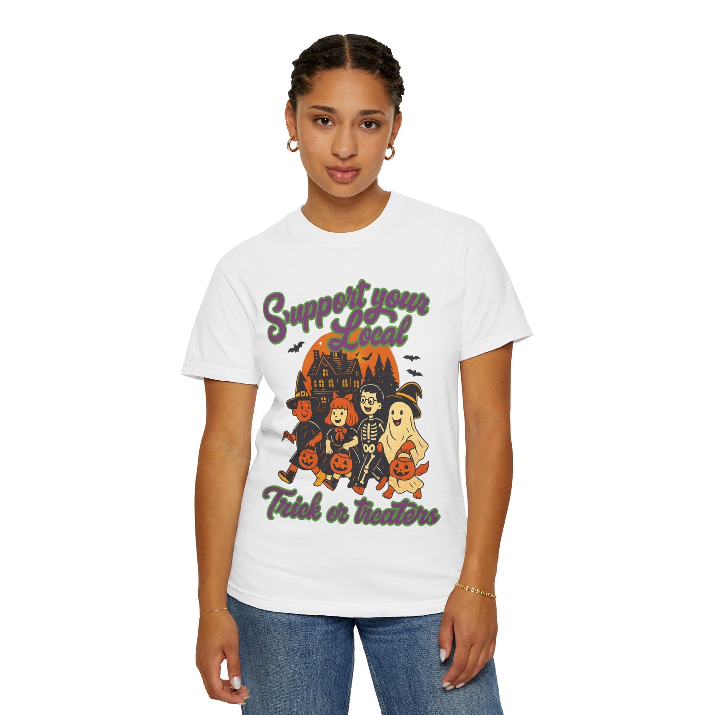 Halloween Support T-Shirt, Youth Trick or Treat Shirt, Garment-Dyed Tee for Kids, Spooky Season Apparel, Holiday Party Top, Fun Costume Wear