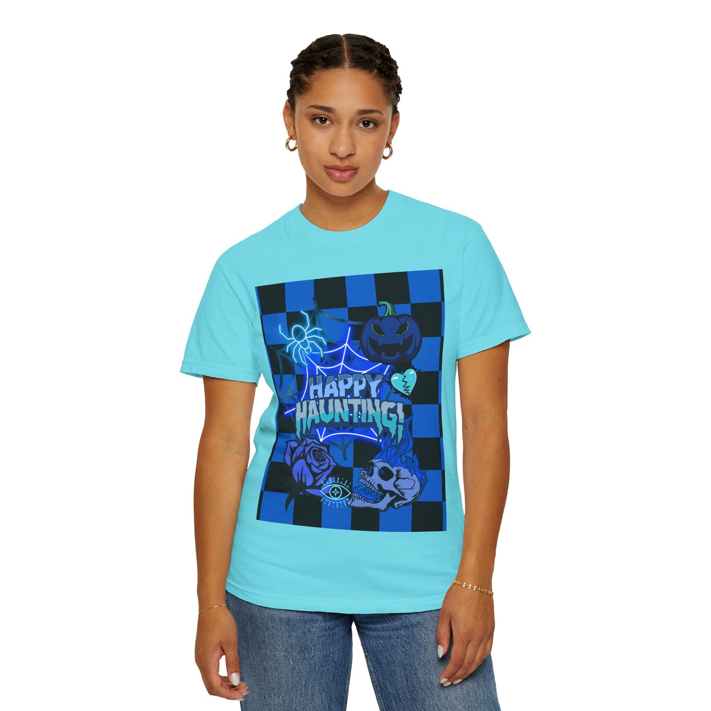 Happy Haunting Unisex Garment-Dyed T-shirt, Halloween Tee, Spooky Shirt, Fall Fashion, Casual Wear, Pumpkin Fest