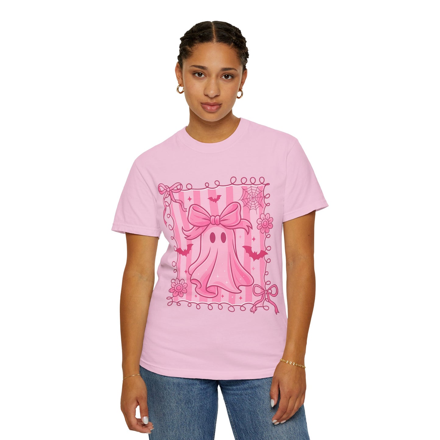 Cute Pink Ghost Graphic T-Shirt, Pink Halloween Tee, Unisex Garment-Dyed Top, Spooky Style for Fall, Trick or Treat Fashion