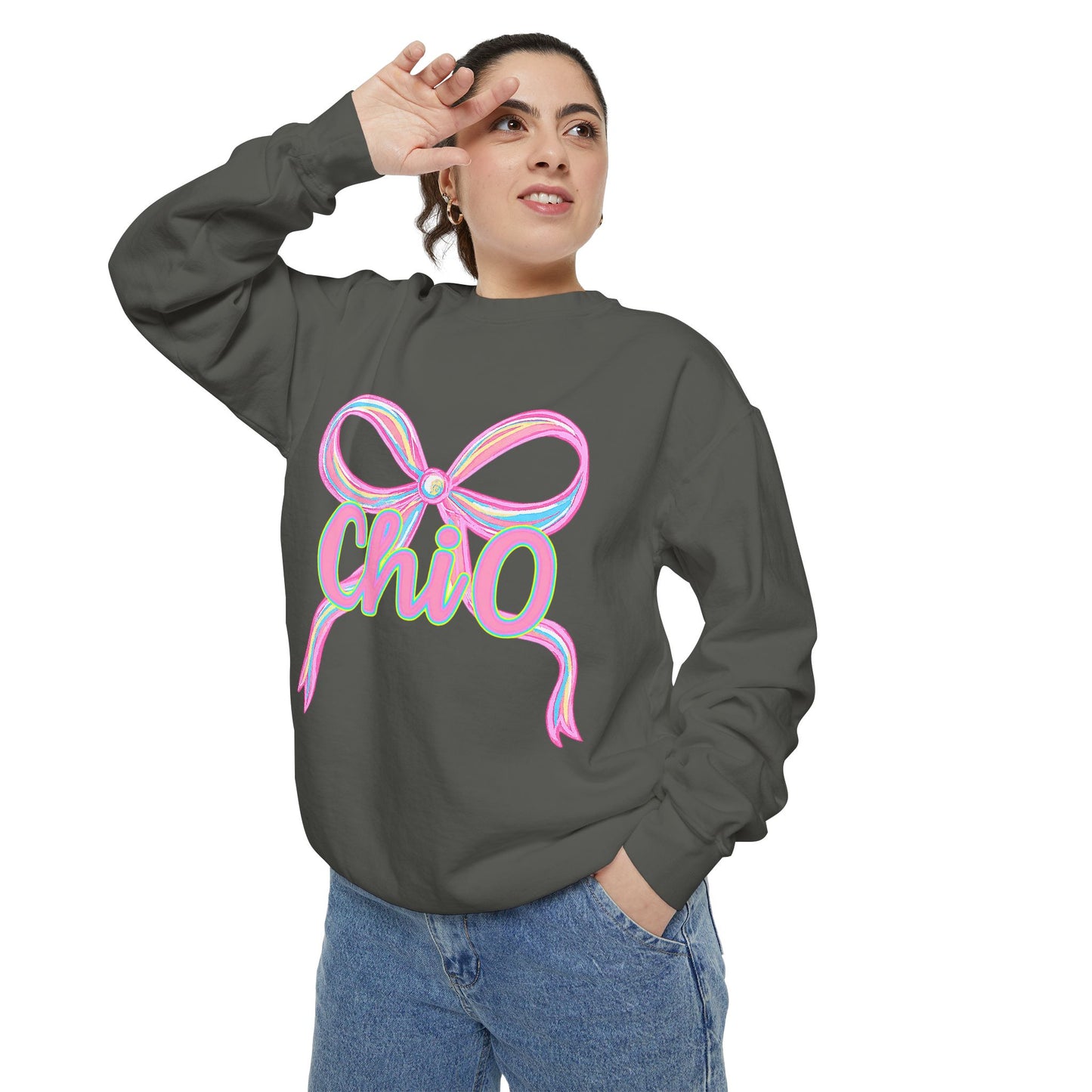 CHIO Chic Bow Graphic Unisex Garment-Dyed Sweatshirt, Cozy Pullover, Fashionable Gift, Casual Outfit, Spring Style, Trendy Apparel