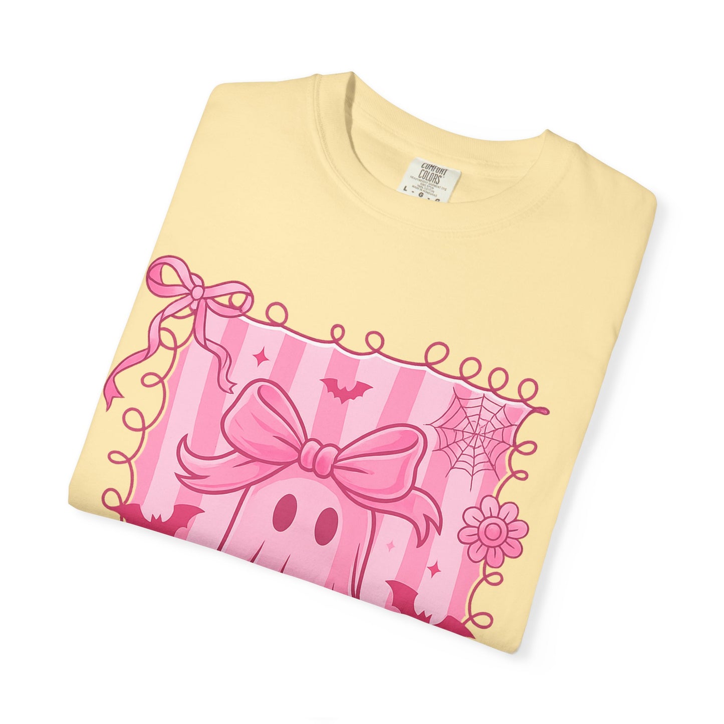 Cute Pink Ghost Graphic T-Shirt, Pink Halloween Tee, Unisex Garment-Dyed Top, Spooky Style for Fall, Trick or Treat Fashion
