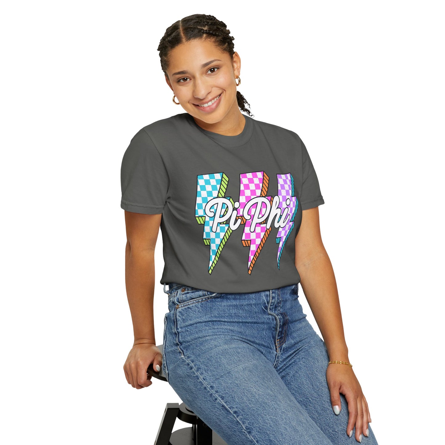 PB Phi Lightning Bolt Unisex T-shirt | Vibrant Greek Life Apparel, Unique Gift for Sorority Sisters, Casual Wear, Celebrating Sisterhood