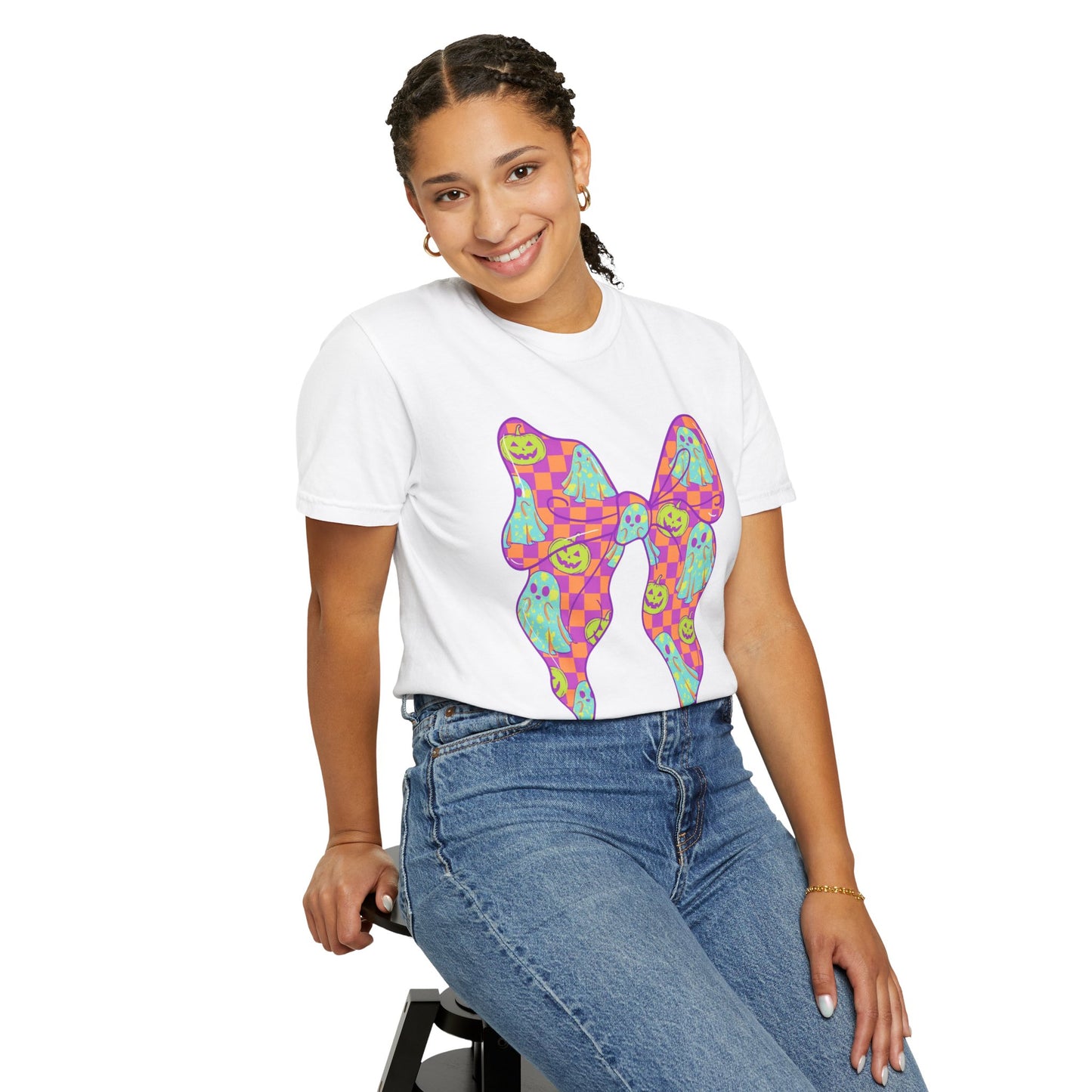 Neon Checkered Ghost Bow T-Shirt - Fun Lovers Halloween Unisex Tee