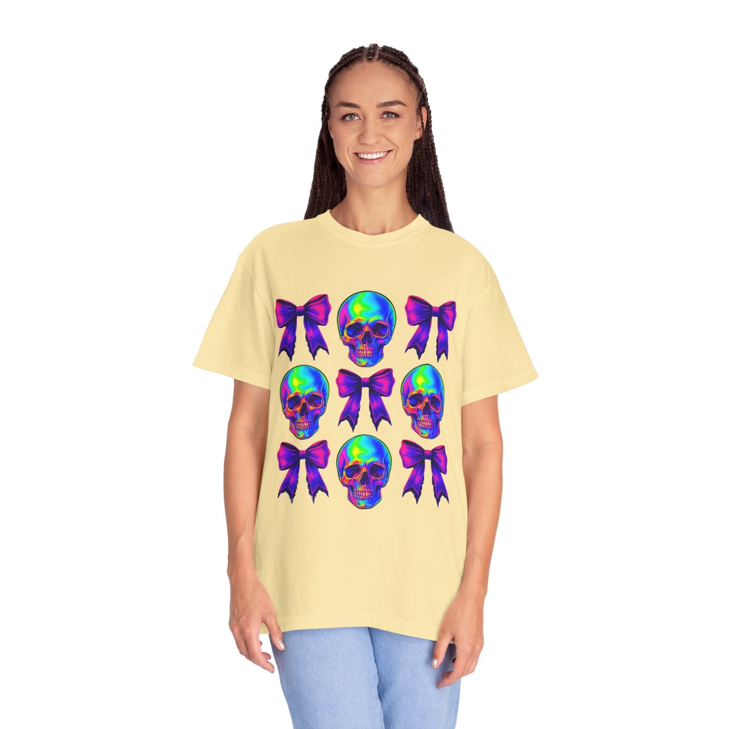 Neon Skull and Bow Unisex T-Shirt | Trendy Graphic Tee for Halloween, Festivals, Casual Wear, Gifts