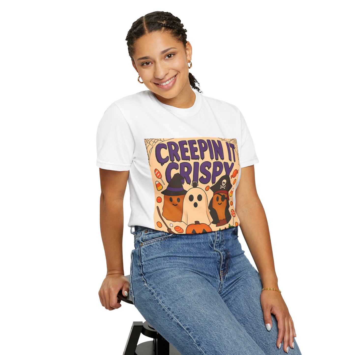 Halloween Themed T-Shirt, Creepin It Crispy T-Shirt, Unisex Shirt for Fall, Cute Halloween Tee, Festive Ghost & Candy Design