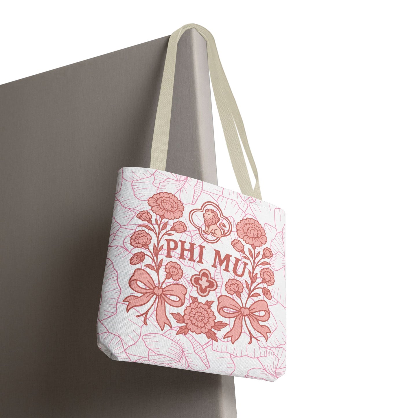 Phi Mu Floral Tote Bag, Sorority Bag, Gift for Sorority Sisters, Pink Floral Tote, College Essentials, AOP Design