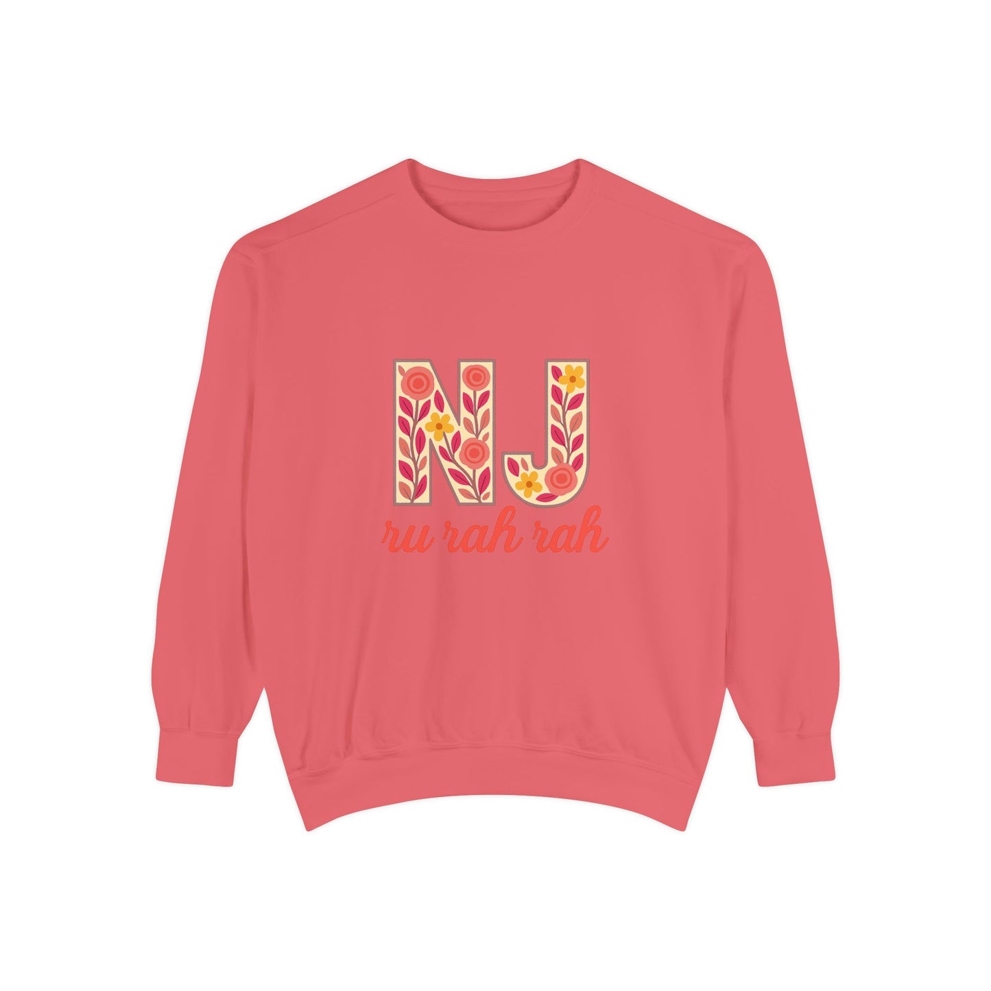 Cheerful NJ Garment-Dyed Sweatshirt, Cozy Unisex Pullover for School Spirit, Fall Fashion, Gift for College Students, Relaxed Fit