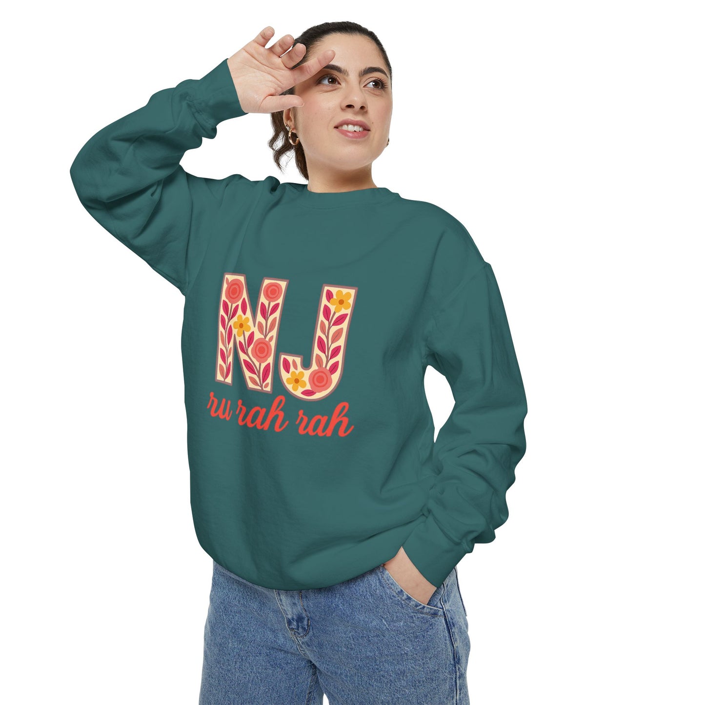 Cheerful NJ Garment-Dyed Sweatshirt, Cozy Unisex Pullover for School Spirit, Fall Fashion, Gift for College Students, Relaxed Fit