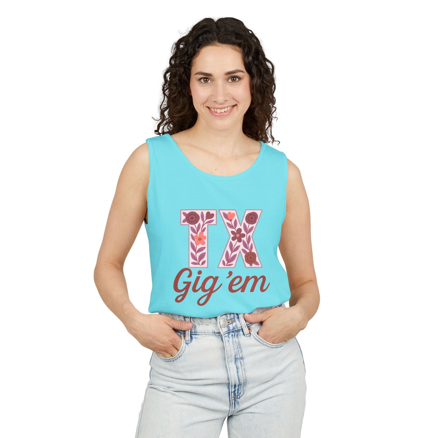 Texas Gig 'Em Tank Top, Unisex Summer Apparel, Cute Floral Design, Perfect for College Fans, Gifts, Comfort Colors, Graduation Gift
