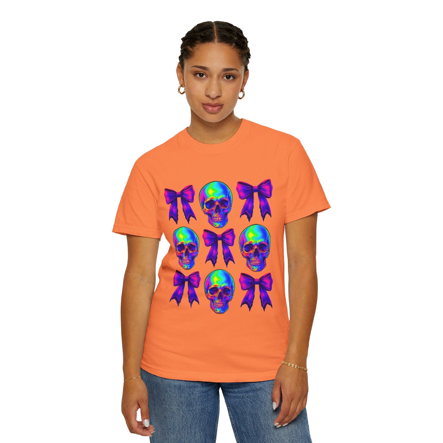 Neon Skull and Bow Unisex T-Shirt | Trendy Graphic Tee for Halloween, Festivals, Casual Wear, Gifts