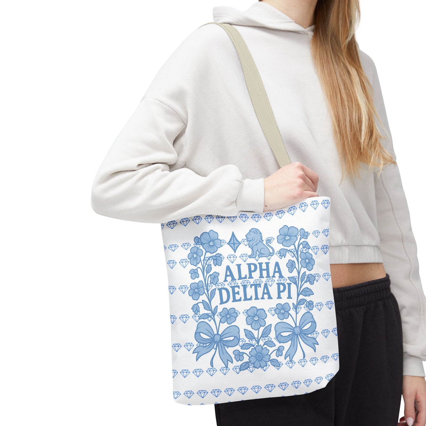 Alpha Delta Pi Floral Tote Bag - Stylish Sorority Accessory, Gift for College Students, Everyday Use, Blue Floral Design, AOP Style