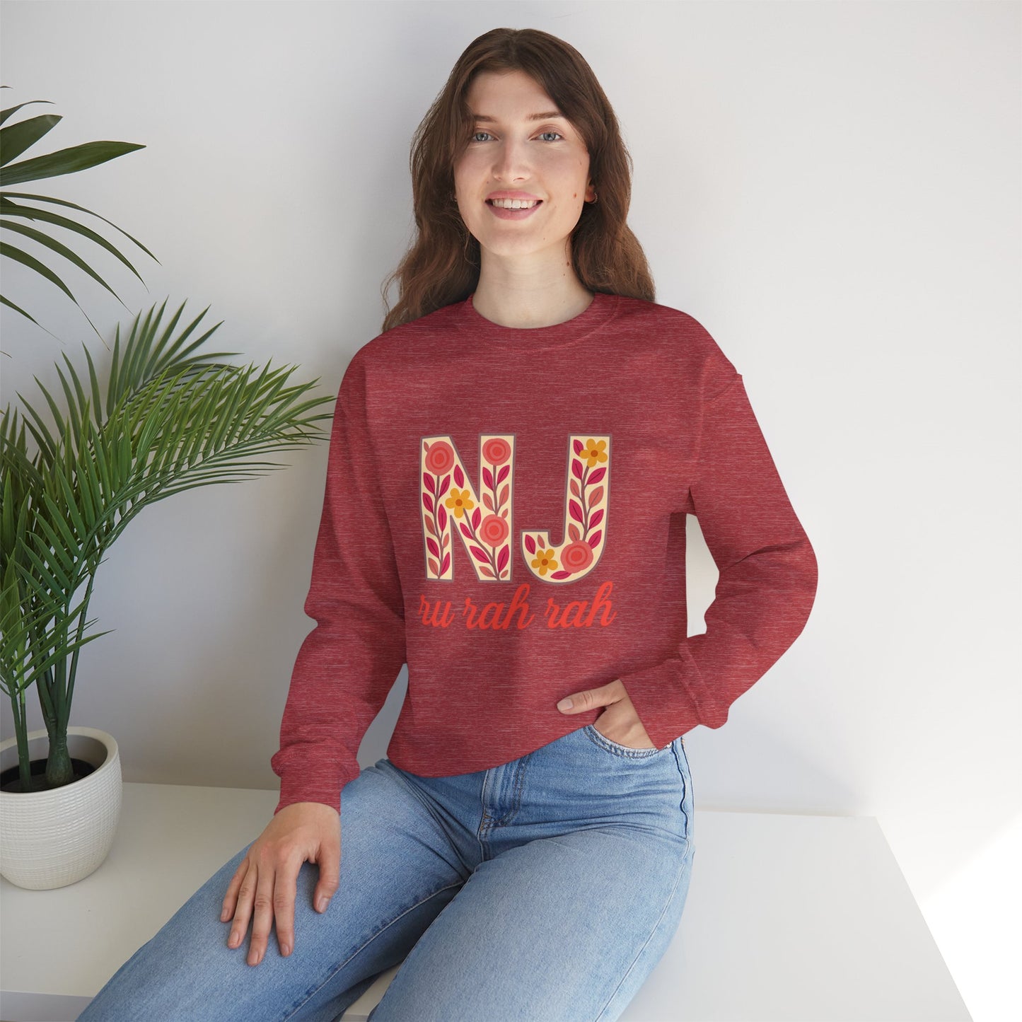 NJ Floral Pattern Crewneck Sweatshirt, Cozy Jersey, Casual Layer, Unique Gift, Fall Fashion, Unisex Apparel