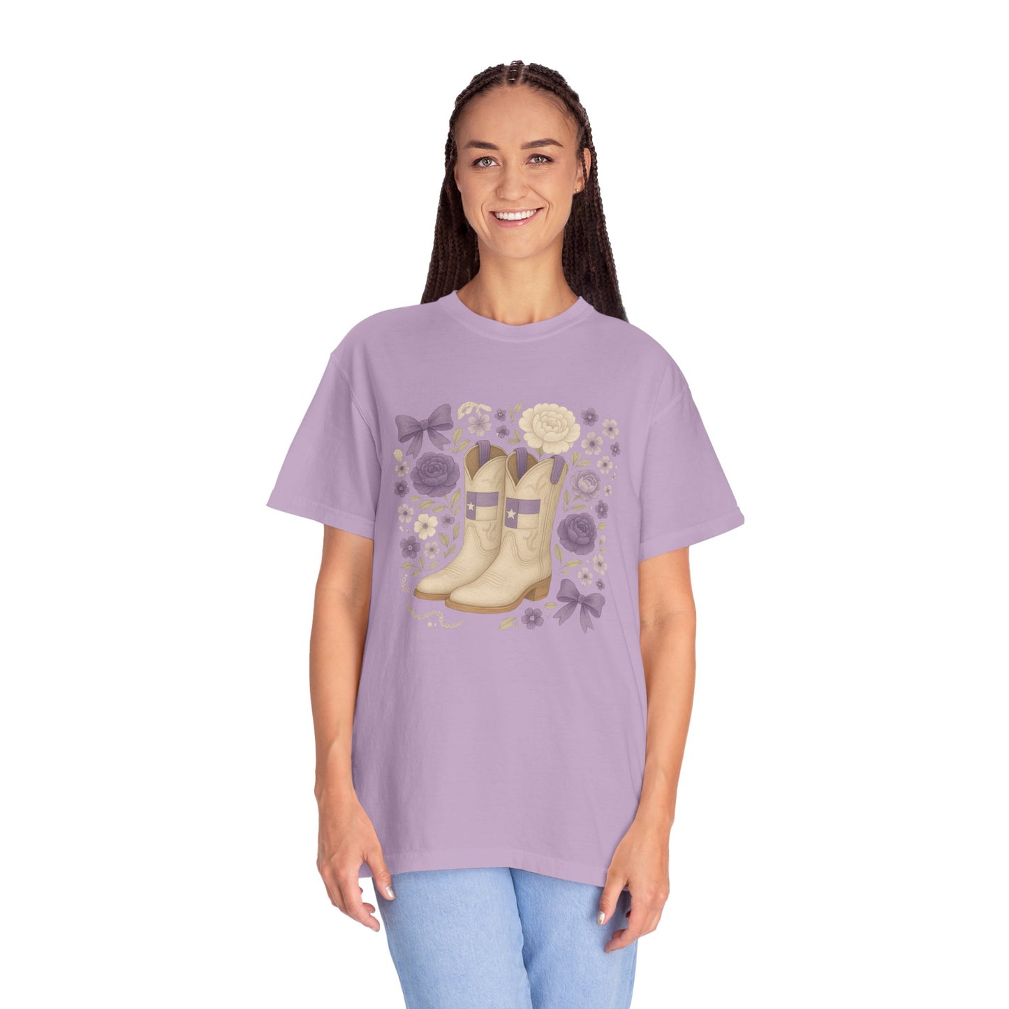 Whimsical Floral Boots Unisex T-Shirt | Casual Style, Gift for Her, Texas Christian University, TCU Frogs, Comfort Colors, Texas Fan gift, Graduation Gift