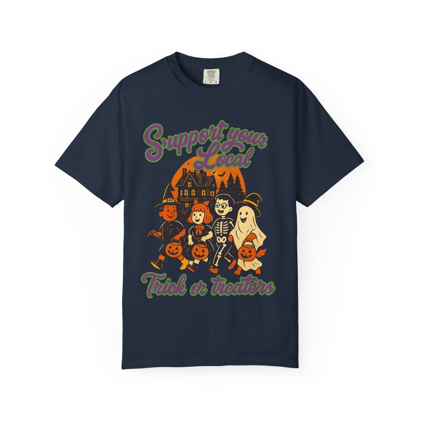 Halloween Support T-Shirt, Youth Trick or Treat Shirt, Garment-Dyed Tee for Kids, Spooky Season Apparel, Holiday Party Top, Fun Costume Wear