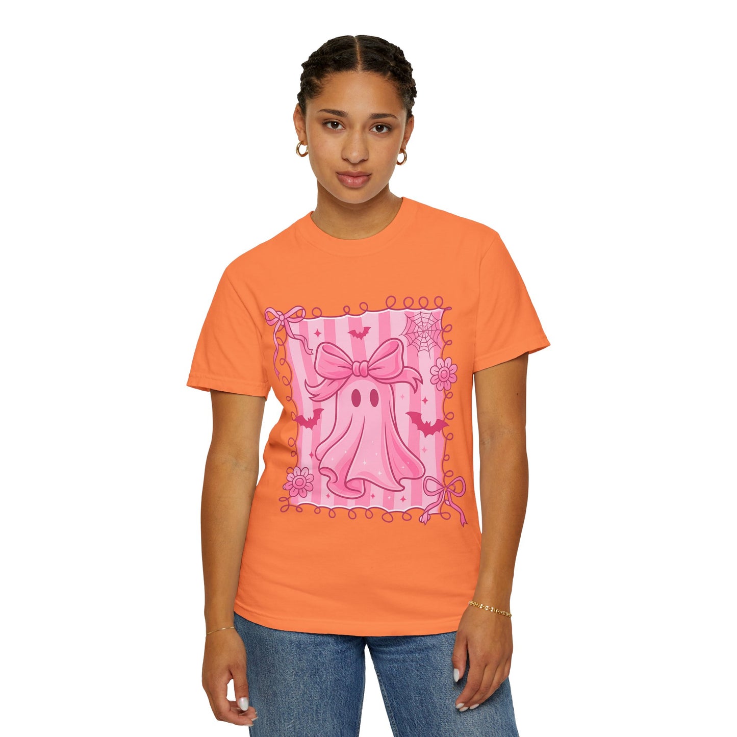 Cute Pink Ghost Graphic T-Shirt, Pink Halloween Tee, Unisex Garment-Dyed Top, Spooky Style for Fall, Trick or Treat Fashion