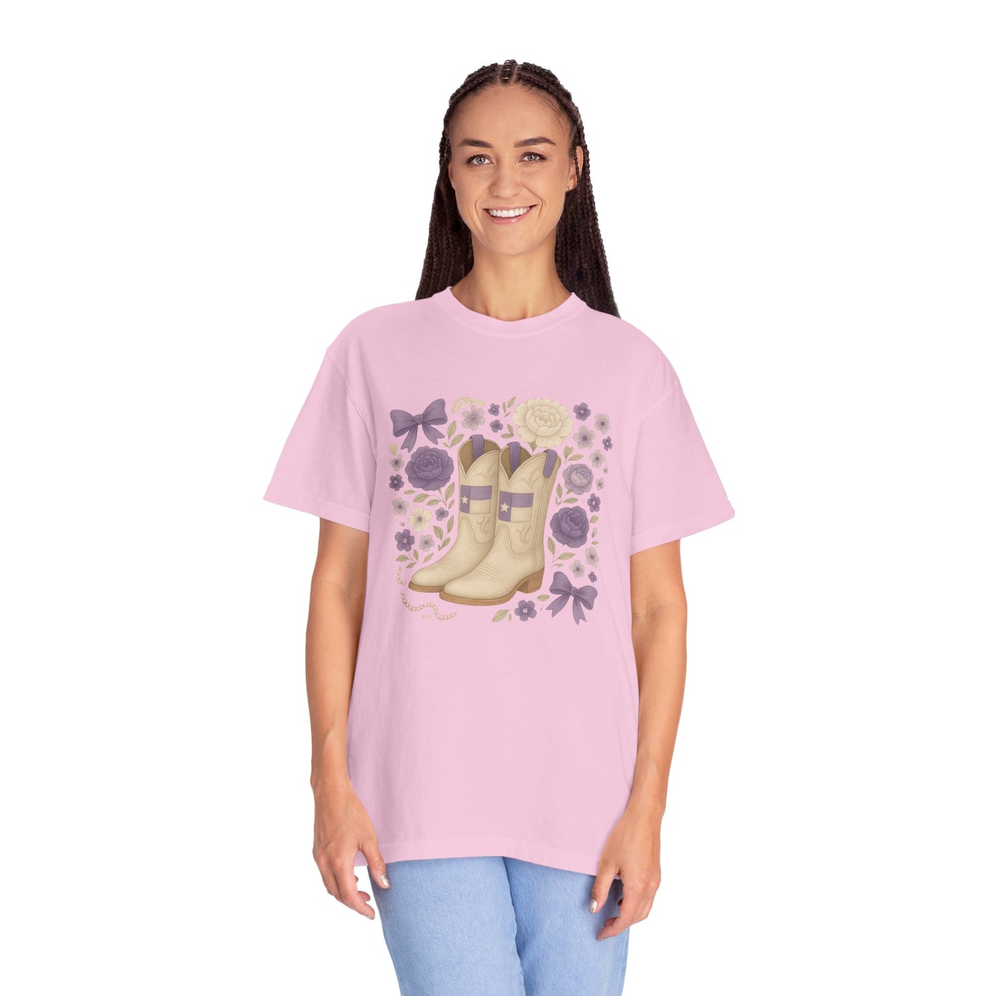 Whimsical Floral Boots Unisex T-Shirt | Casual Style, Gift for Her, Texas Christian University, TCU Frogs, Comfort Colors, Texas Fan gift, Graduation Gift