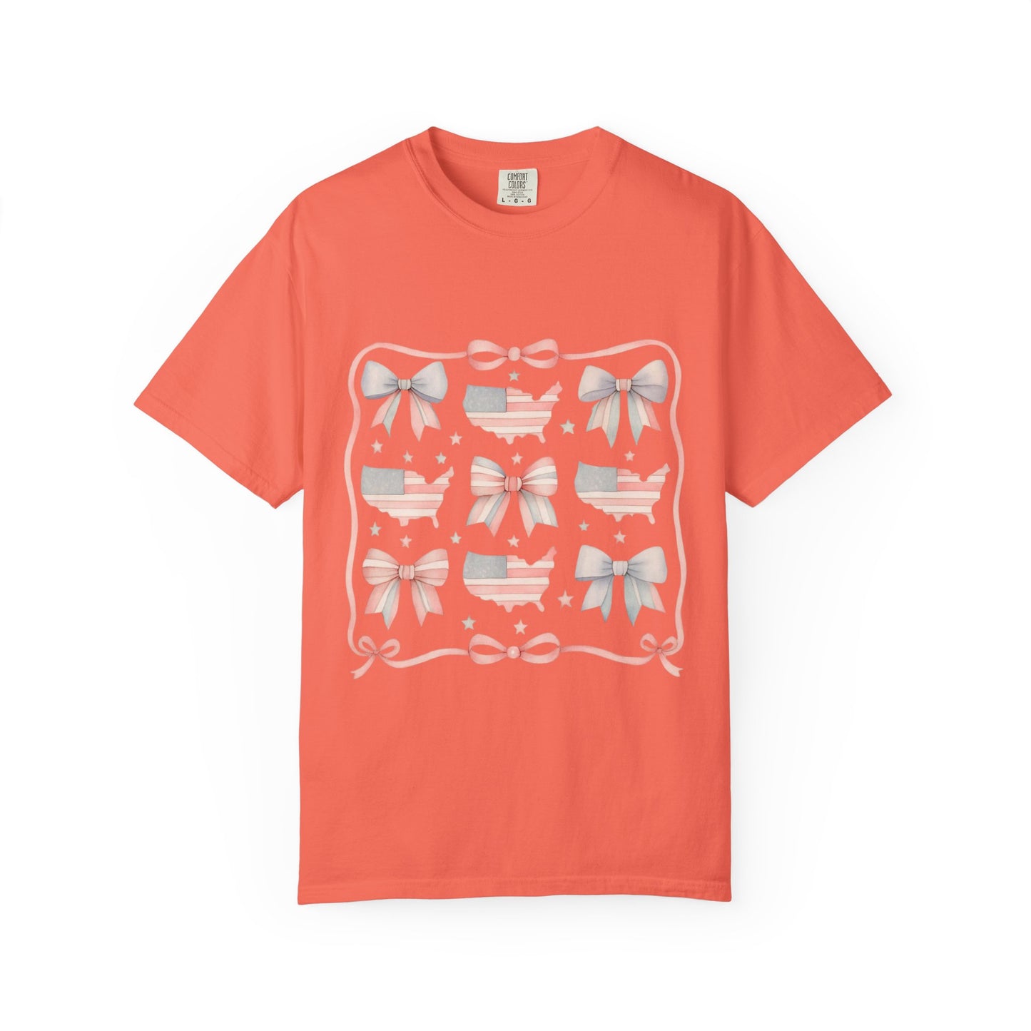 America Coquette Cute Bow Pattern Comfort Colors Unisex T-Shirt - 4th of July USA Celebration
