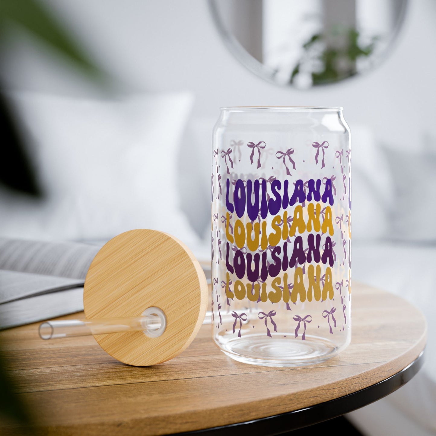 Coquette Bow Louisiana Sipper Glass, 16oz | Tropical Drinkware, Eco-Friendly Cup, Unique Gift, louisiana tiger fan gift, graduation gift, geaux tigers