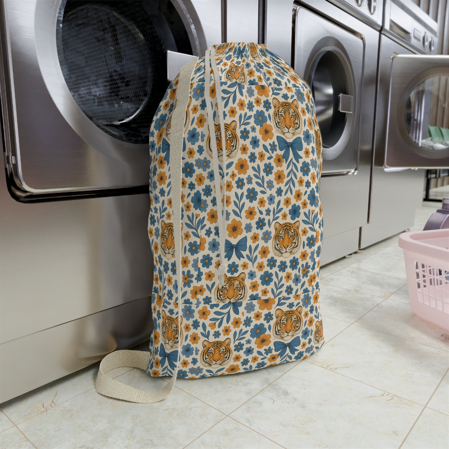 Floral Laundry Bag with Cute Tiger Design | Stylish Laundry Hamper, Home Decor, Gift for Cat Lovers, Eco-Friendly Laundry Storage