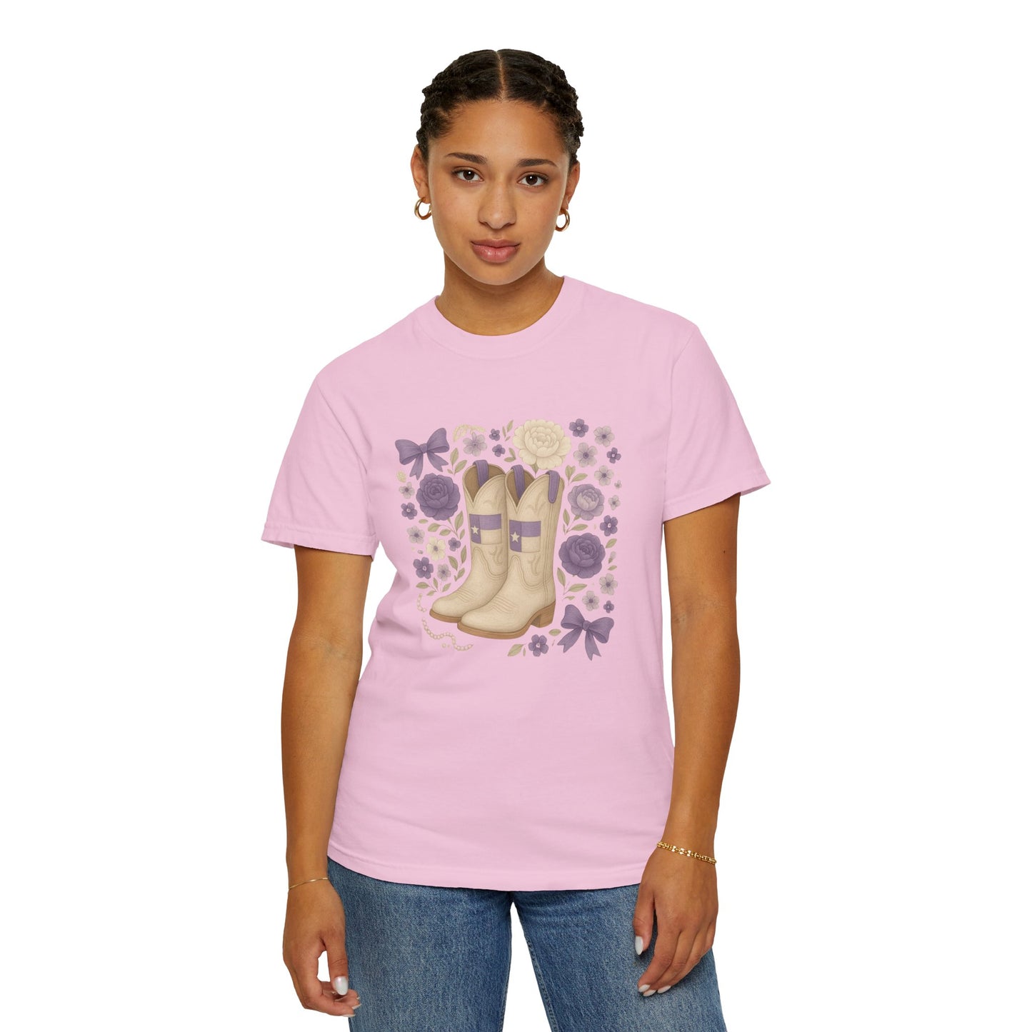 Whimsical Floral Boots Unisex T-Shirt | Casual Style, Gift for Her, Texas Christian University, TCU Frogs, Comfort Colors, Texas Fan gift, Graduation Gift