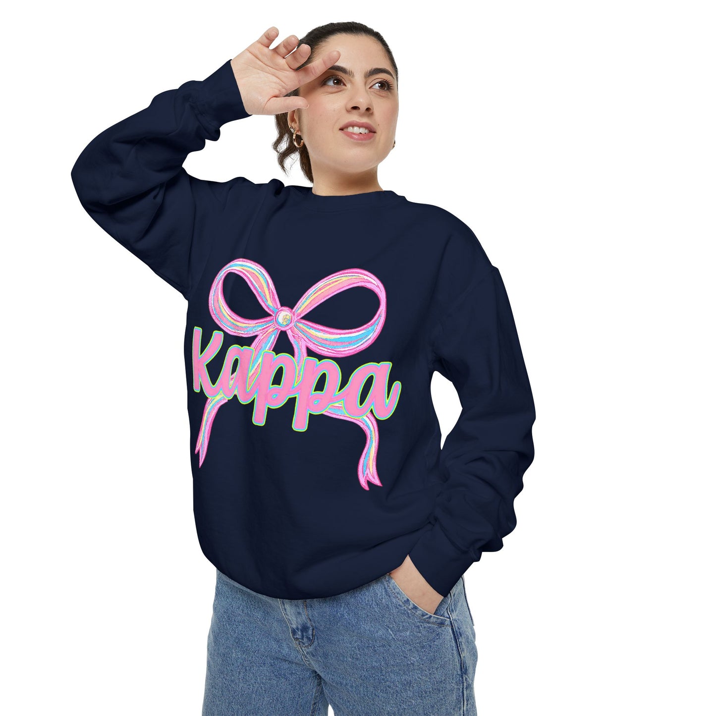 Kappa Bow Sweatshirt, Unisex Garment-Dyed Sweatshirt, Cozy Fashion, Fall Wardrobe, College Spirit, Gift Idea, Trendy Apparel