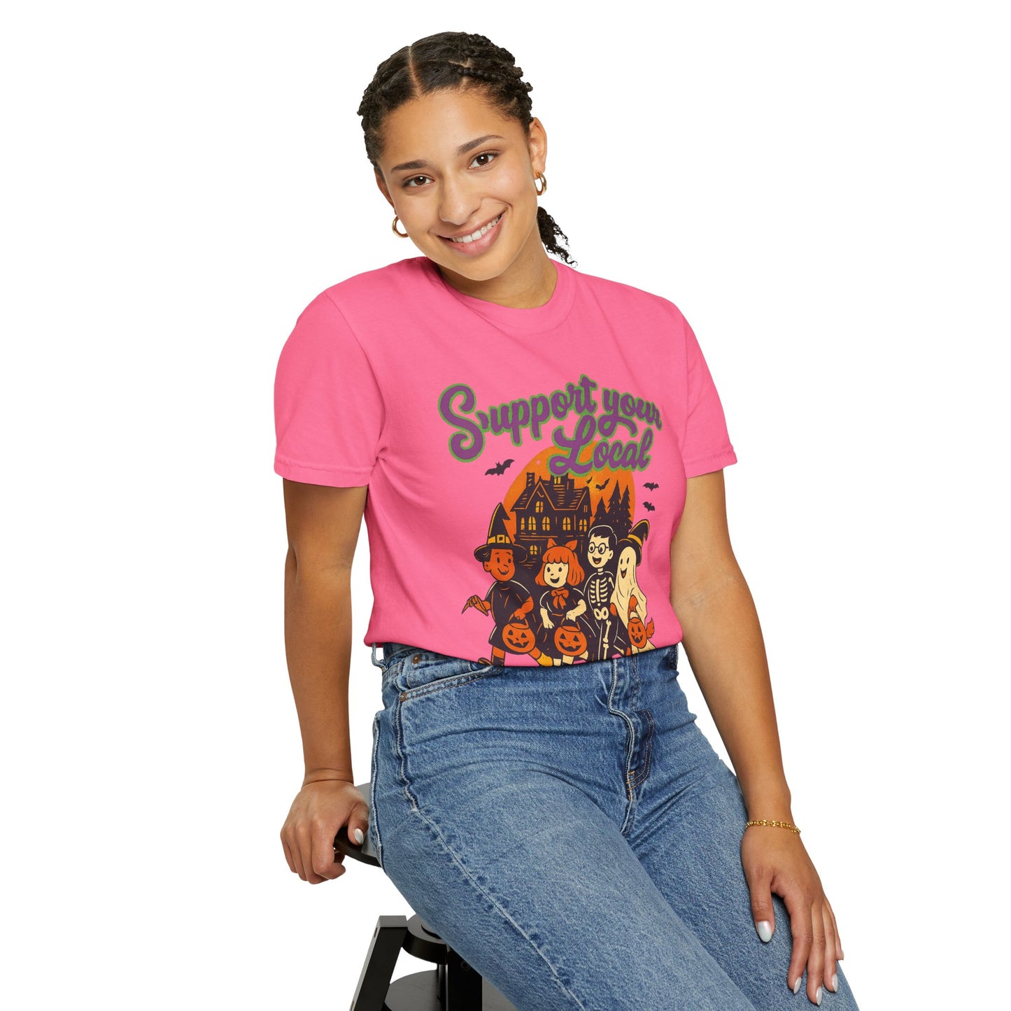 Halloween Support T-Shirt, Youth Trick or Treat Shirt, Garment-Dyed Tee for Kids, Spooky Season Apparel, Holiday Party Top, Fun Costume Wear