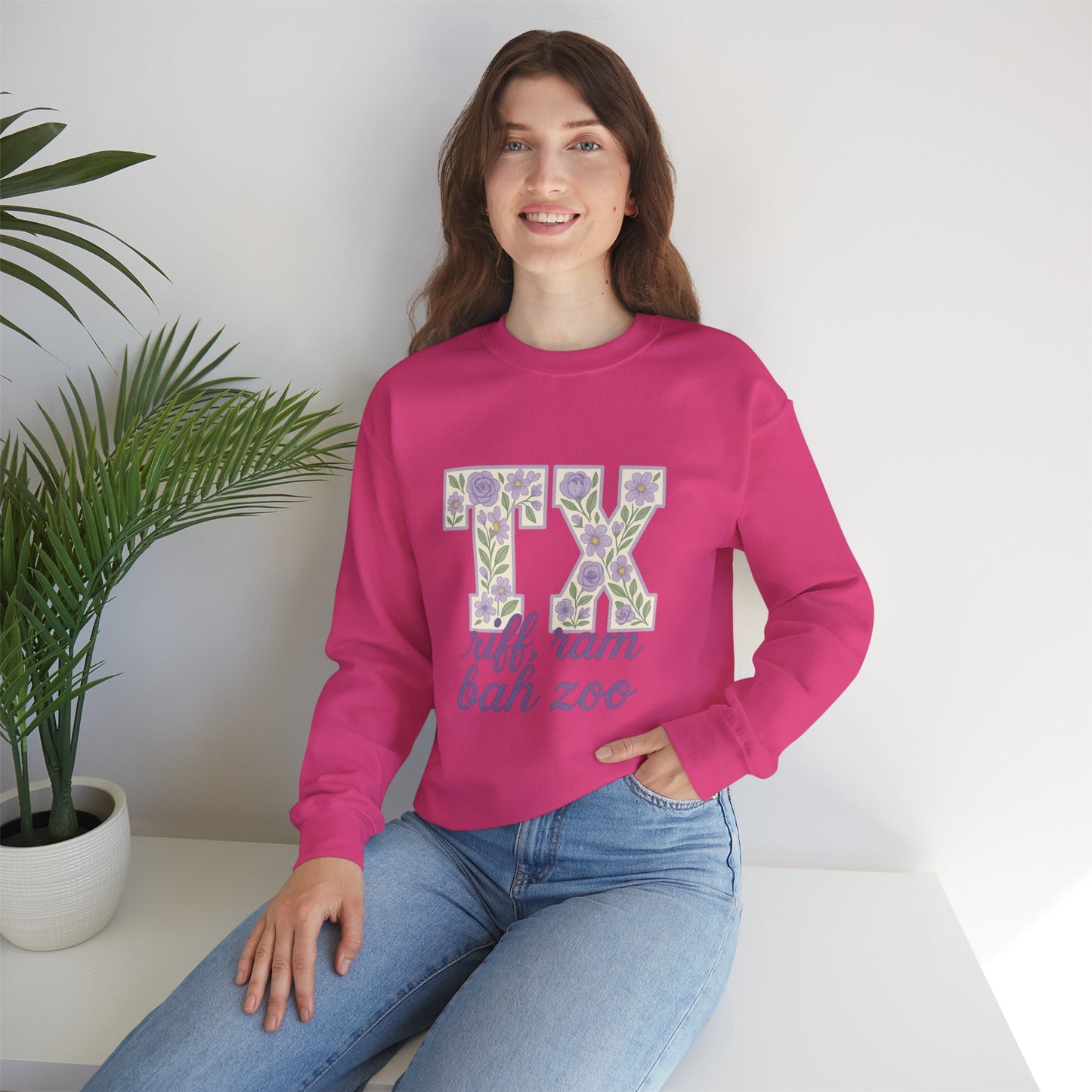 Texas Floral Sweatshirt, Cozy Unisex Crewneck, TX Riff Ram Bah Zoo Pullover, Gift for College Students, Texas Pride Apparel, Spring Fashion