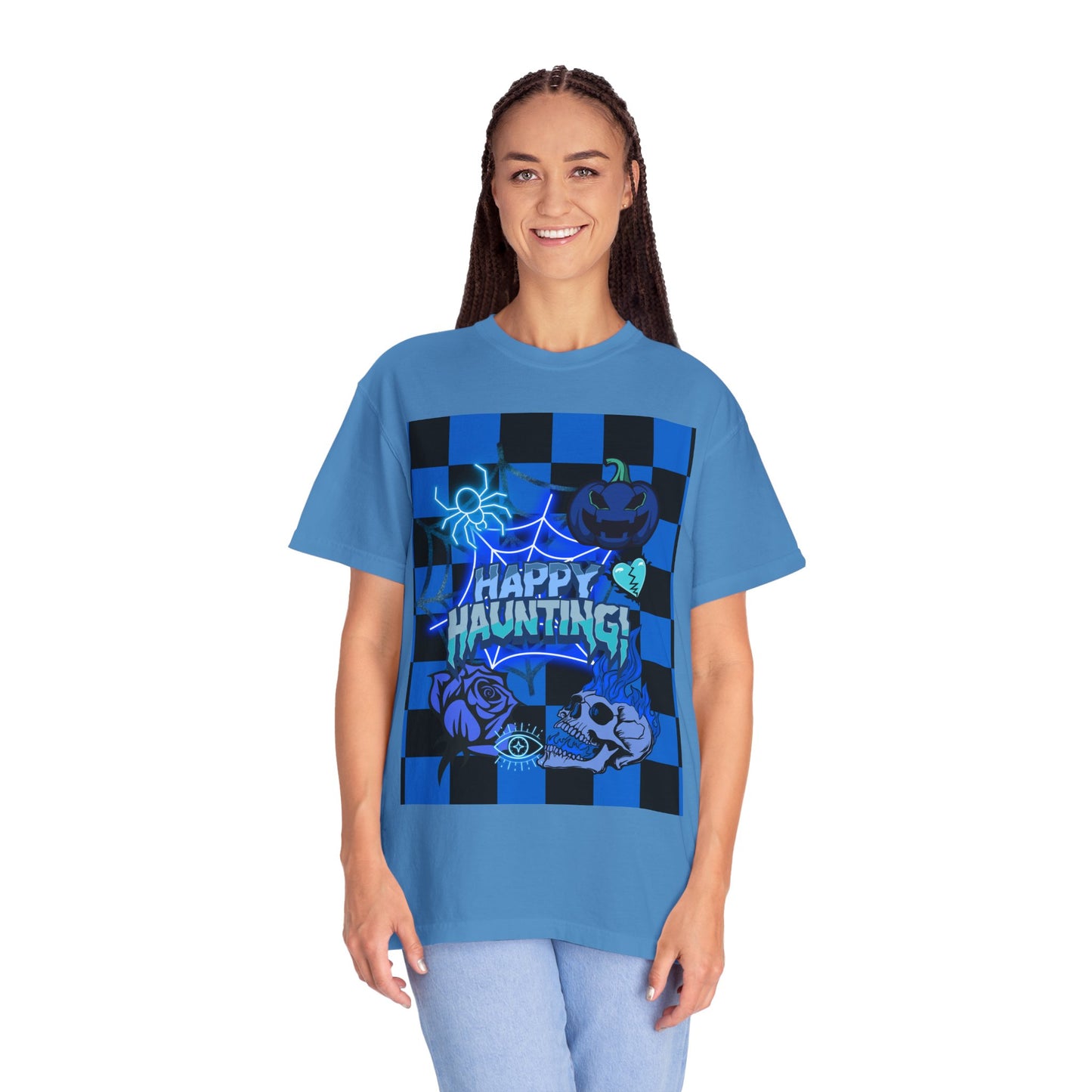Happy Haunting Unisex Garment-Dyed T-shirt, Halloween Tee, Spooky Shirt, Fall Fashion, Casual Wear, Pumpkin Fest