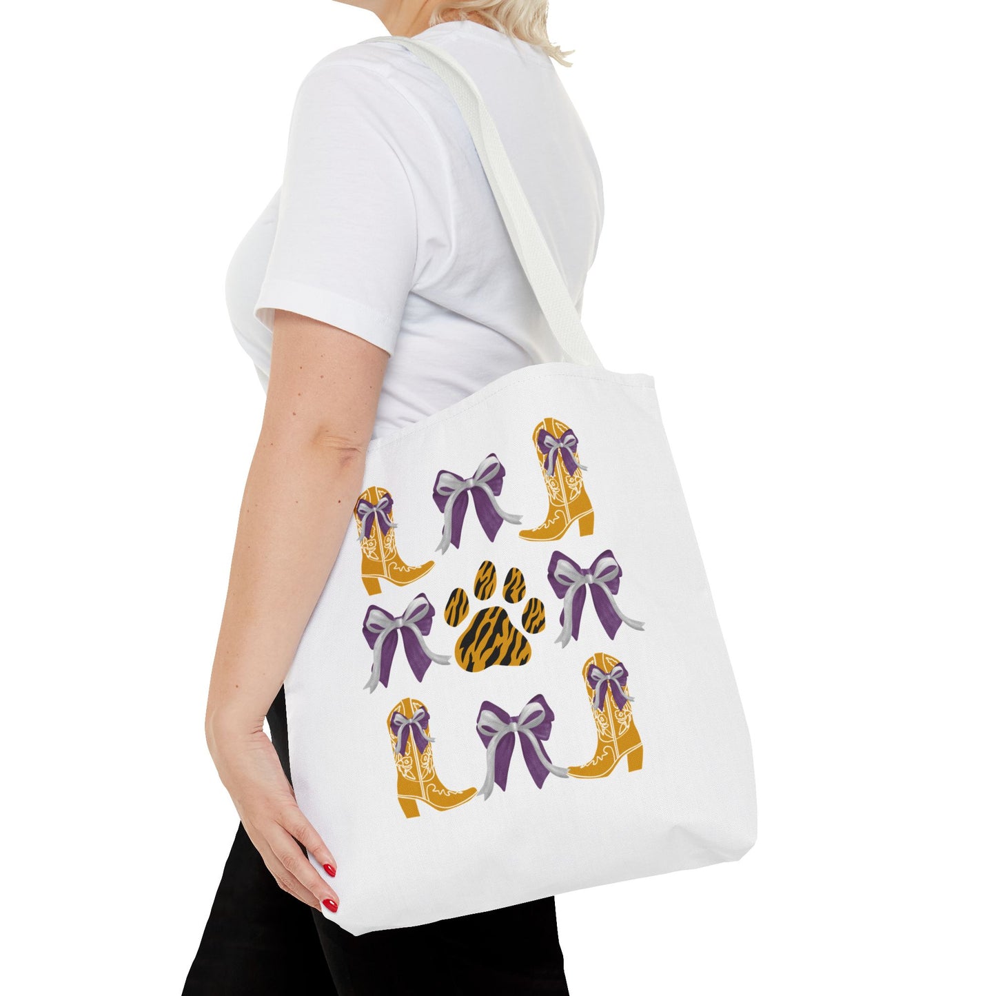 LSu coquette bow Print Tote Bag, Eco-Friendly Fashion Bag, lsu tiger fan, louisiana game day, geaux tigers, college student gift, graduation gift