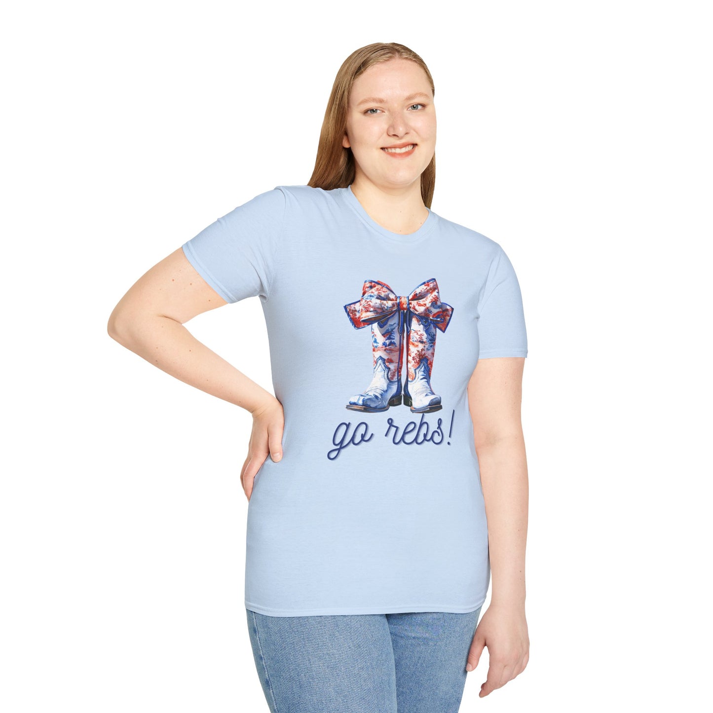 , go Rebs Cheerful Unisex Softstyle T-Shirt with Bow Design | Gift for Sports Fans, Casual Wear, Team Spirit, Game Day Shirt, Cheerleading Top