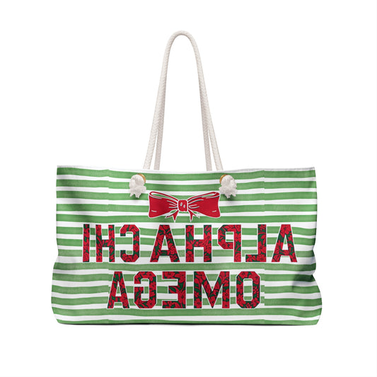 Alpha Chi Omega Festive Weekender Bag, Holiday Tote, Travel Bag, Christmas Gift, Sorority Bag, Weekend Getaway Bag
