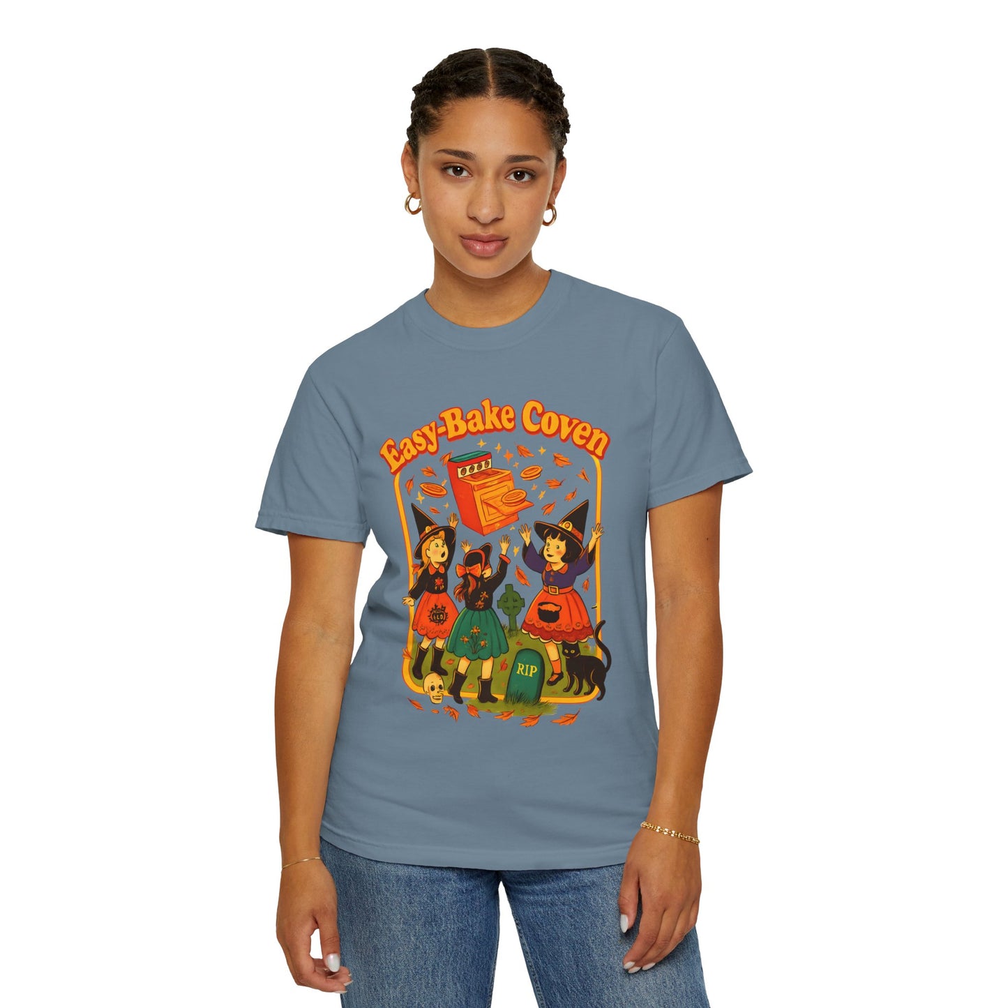 Halloween Witch T-Shirt, Unisex Garment-Dyed Shirt, Easy-Bake Coven Tee, Spooky Season Apparel, Cute Witch Design