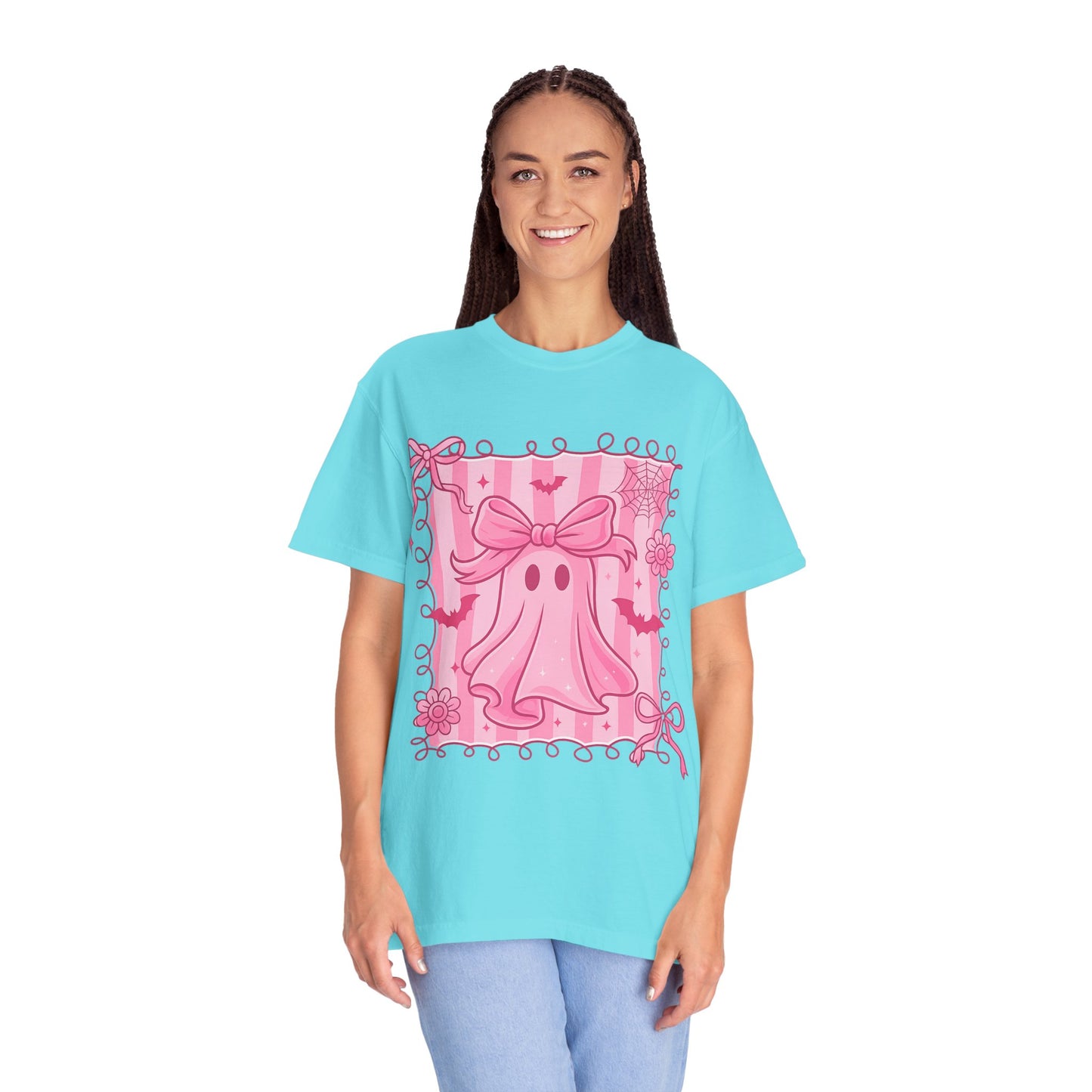 Cute Pink Ghost Graphic T-Shirt, Pink Halloween Tee, Unisex Garment-Dyed Top, Spooky Style for Fall, Trick or Treat Fashion