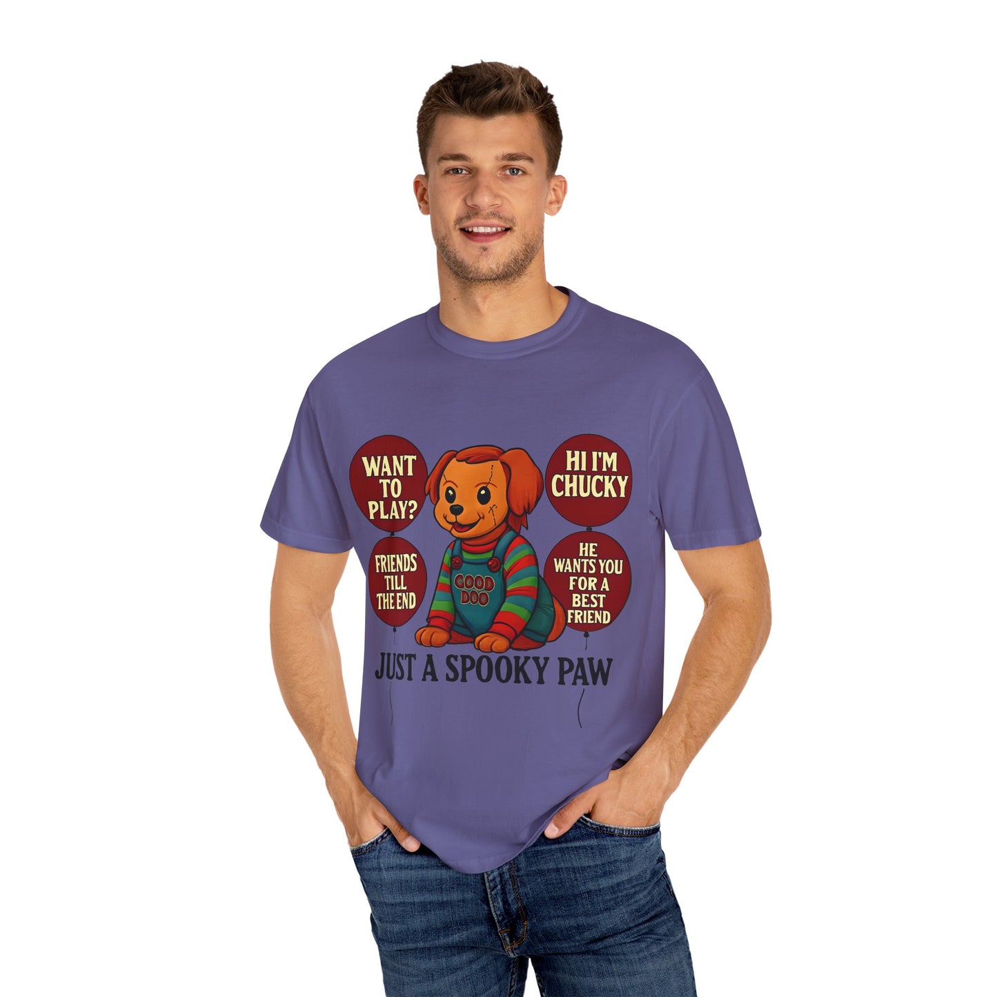Spooky Graphic T-shirt, Halloween Costume Top, Unisex Tee, Funny Chucky Shirt, Gift for Horror Fans, Cute Spooky Apparel