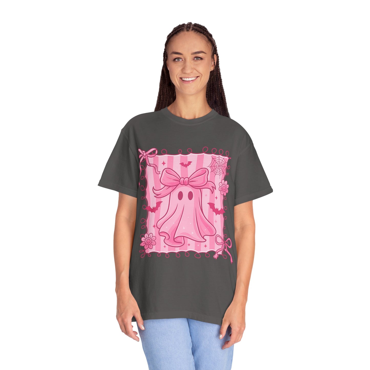 Cute Pink Ghost Graphic T-Shirt, Pink Halloween Tee, Unisex Garment-Dyed Top, Spooky Style for Fall, Trick or Treat Fashion