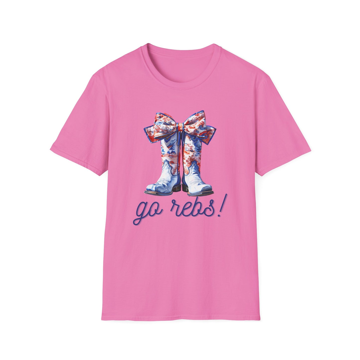 , go Rebs Cheerful Unisex Softstyle T-Shirt with Bow Design | Gift for Sports Fans, Casual Wear, Team Spirit, Game Day Shirt, Cheerleading Top