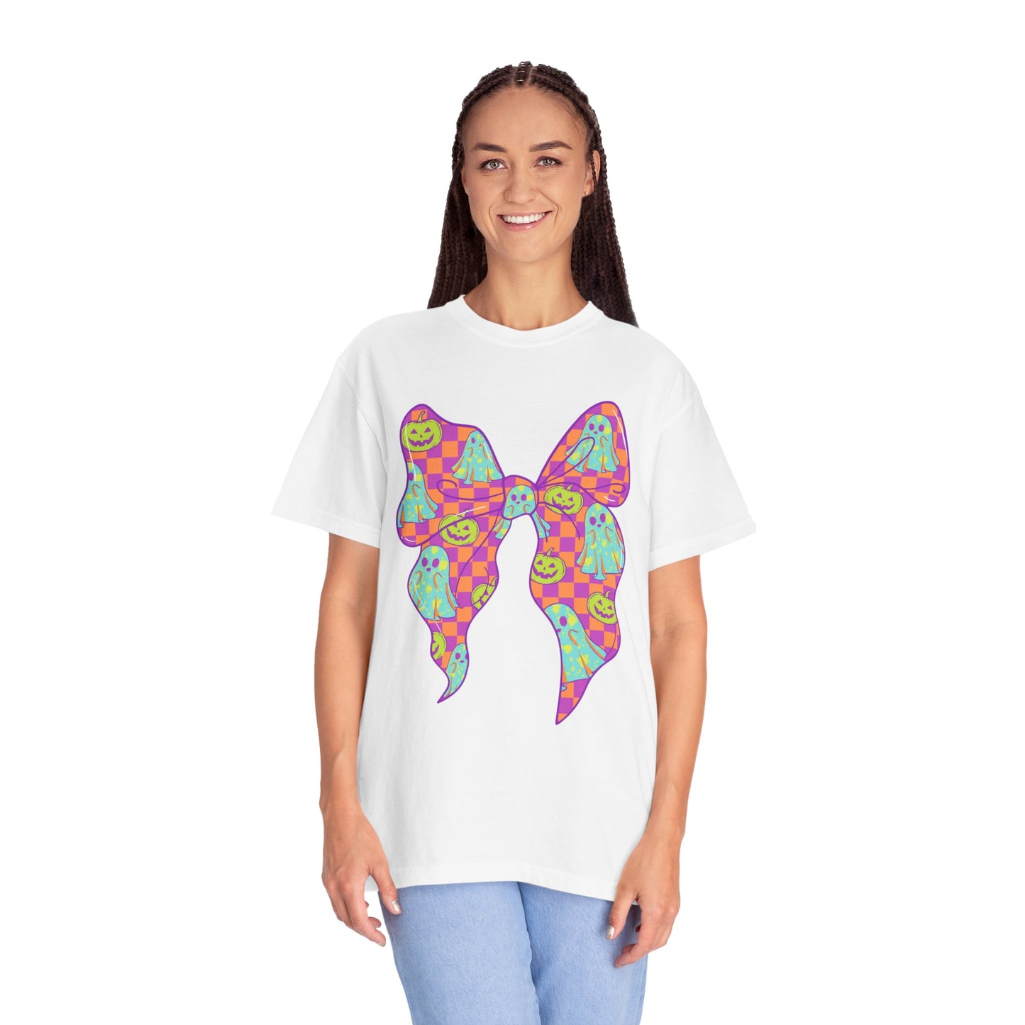 Neon Checkered Ghost Bow T-Shirt - Fun Lovers Halloween Unisex Tee